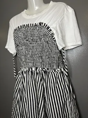 Maeve Anthropologie Dress Womens Petite Medium Black White Striped Smocked Midi thumbnail 5