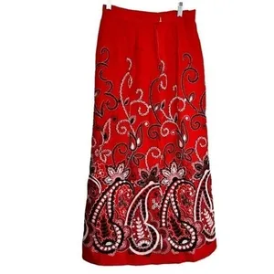 Red Embroidered Paisley Boho Maxi Skirt Small Peasant Maximalist thumbnail 13