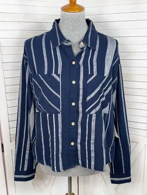 Sandy & Sid Striped Long Sleeve Button‎ Up Crop Shirt Blue White Large thumbnail 1