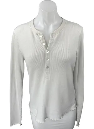 WSLY Cream Long Sleeve Waffle Knit Lettuce Henley Thermal Sweater Top Size L thumbnail 1