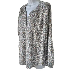 Old Navy Cream Yellow Blue Floral Split-Neck Button Long Sleeve Blouse Size M thumbnail 9
