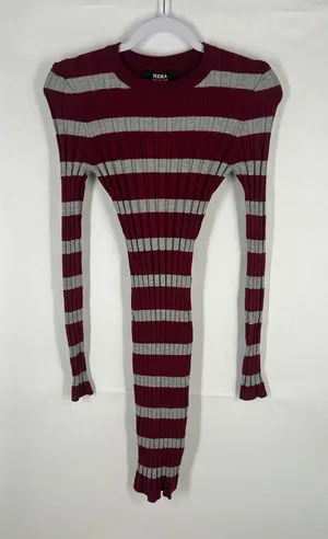 Hera‎ Collection Striped Ribbed Knit Top - Burgundy & Light Gray thumbnail 1
