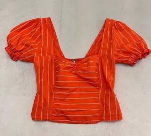 Free People Women's Orange Striped Puff Sleeve Crop Top Blouse Size XS thumbnail 10