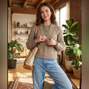 Abercrombie & fitch Textural Stitch Cable Crew Sweater size XS in light brown thumbnail 2