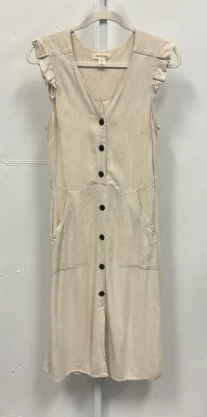 Monteau Los Angeles Linen Blend Ruffle Sleeve Button Front Midi Dress Beige Lg thumbnail 1