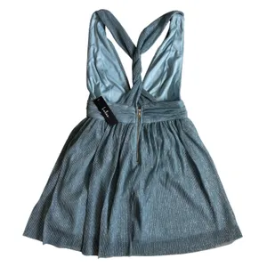 Lulus Light Blue Metallic Pleated Mini Dress V-Neck Open Back‎ 17D1756 Womens S thumbnail 5