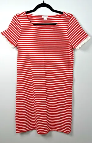 J. Crew Small Dress Womens 100% Cotton‎ Striped Red White Lace Short Sleeve thumbnail 1