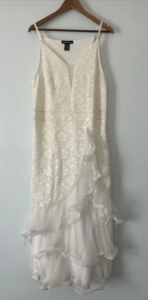 Sequin Cream Lace Slip Maxi Dress with teired Ruffle Tulle Hem thumbnail 1