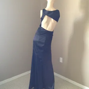 Faviana Black Satin Long Evening Dress Back & Side Cutout Rhinestone Strap Sz 2 thumbnail 2
