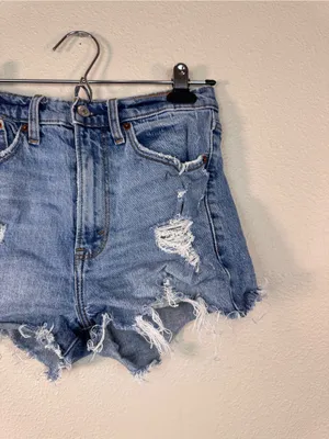 Abercrombie & Fitch Blue High Rise Mom Jeans Shorts Womens 0 Festival Distressed thumbnail 7