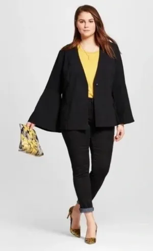 WHO WHAT WEAR Black Bell Sleeve Kimono Style Open‎ Front Blazer Jacket Women's L thumbnail 1