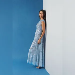 MAC DUGGAL 5647 Blue Sequined High Neck Cap Sleeve A Line Gown thumbnail 3