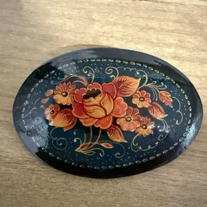 Vtg Signed Hand Painted Russian Black Lacquer Floral Orange Red Yellow BroochPin thumbnail 1