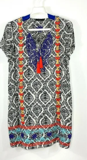 THML Damask Print Multicolor Embroidered Casual Tunic Dress Size Small FLAW thumbnail 1
