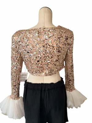 NWT ASOS Gold Sequin Crop Top Corset Blouse Ruffle Tulle Cuff Sleeve Party thumbnail 3