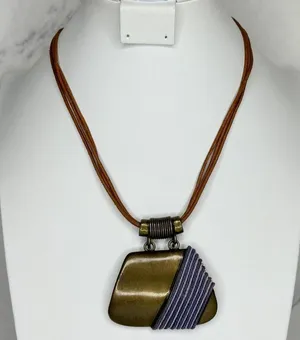 Chico's Boho Mixed Material Pendant Gold Tone Brown Cord Necklace ✨ thumbnail 1
