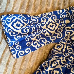 Calessa Blue‎ White Ikat Damask Tiered Cotton Mini Dress L Lined Flare Sleeve thumbnail 5