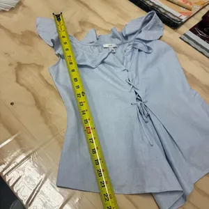 🍁 Lewit Linen Cotton Lace Up Ruffle Sleeveless Blouse Summer Boho Light Blue Sm thumbnail 13