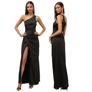 Lulus Dreaming of Elegance Black Satin One-Shoulder Maxi Dress size M NWT thumbnail 2