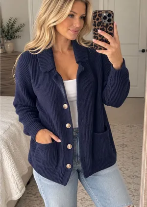 Navy Blue Ribbed Knit Cardigan Sweater Button Front Pockets Medium thumbnail 1