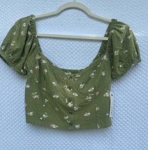 Billabong Sweet Memory Women’s L 12 Green Floral Puff Sleeve Crop Top NWT thumbnail 1
