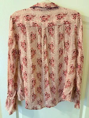 PAIGE Pink Floral Print Ruffle Sleeve Button-Front Blouse | Size Large thumbnail 2