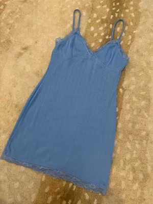 Urban Outfitters Blue Ribbed Lace Trim Cami Mini Slip Dress L Soft Stretch Y2K thumbnail 3