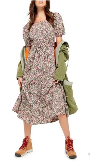 Free People Heartlands Floral Puff Sleeve Tiered Cotton Midi Maxi Dress Size S thumbnail 1