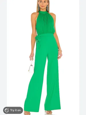 Alice + Olivia Thelma Halter Neck Green Wide-Leg Jumpsuit (NO BELT) thumbnail 2