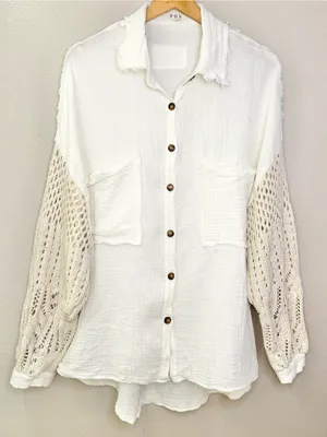 POL Openwork Crochet Lantern Sleeve Cotton Gauze Oversized Button Shirt Jacket thumbnail 10