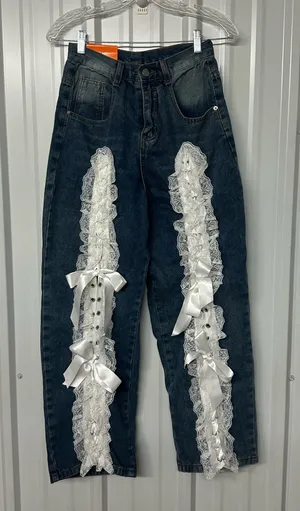 Lace Trim Jeans Y2K Coquette Cottagecore Denim Pants Romantic Boho Vintage Style thumbnail 1