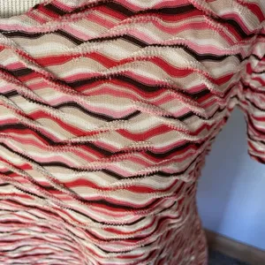 Vintage 90s Textured Wavy Maxi‎ Dress Red Pink Chevron Stretchy Retro Fall L thumbnail 7