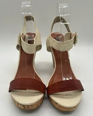 Diviana Sandal Womens Brown Cream‎ 8 Ankle Strap Open Toe Wedge Sandal NEW thumbnail 1