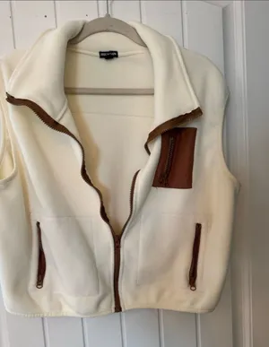 Free Haven Cream Fleece Vest with Brown Trim Accents thumbnail 1