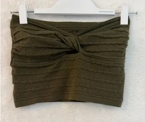 Aerie Twist Front Knit Tube‎ Top Olive Green Textured Strapless Crop Top Medium thumbnail 1
