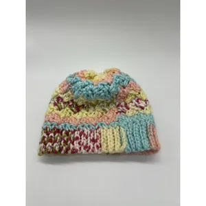 Handmade Knit Hat Beanie Womens One Size Multicolor Pom Bobble Chevron Winter thumbnail 6