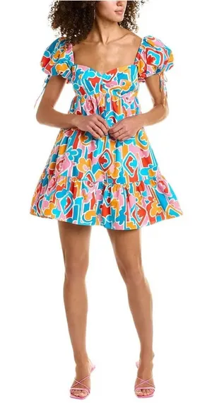 NWT Amanda Uprichard Sicily Miami Blue Multicolor Puff-Sleeve Mini Dress -Med thumbnail 1