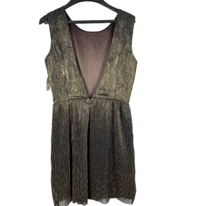 MM Couture By Miss Me Brown Gold Shimmer Lace Plunging Back A-line Dress S NWT thumbnail 2