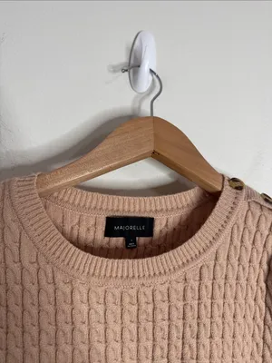 MAJORELLE Revolve Cable Knit Puff Short Sleeve Sweater Tan Button Shoulder sz S thumbnail 7