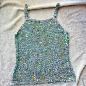 Vintage Blue Sequin Embellished crochet knit cami Tank Top thumbnail 1