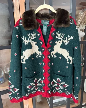 Vintage Ralph Lauren Hand Knit Wool Fur Collar Reindeer Christmas Sweater zipup thumbnail 1