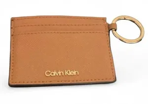NWOT Calvin Klein Brown Leather Card Holder with Gold Keyring thumbnail 1