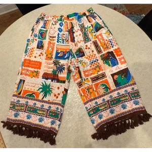 Sugarlips Postcard Print Wide Leg Crop Pants Tassel Hem Mediterranean Vacation thumbnail 2