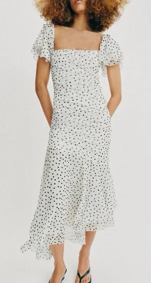 ZARA Square-Neck White Polka Dot Midi Dress thumbnail 1