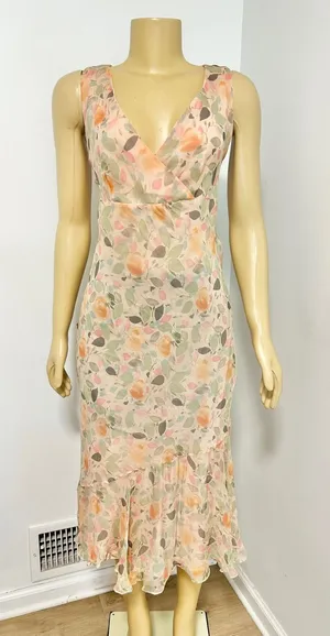 Y2K Mimi Maternity Silk Floral Midi Dress Peach V-Neck Ruffle Whimsy Fairy Small thumbnail 1