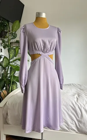 Lavender satin cut out long sleeve midi dress with bow thumbnail 1