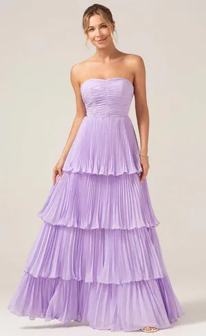 A-Line Sweetheart Tiered Floor Length Chiffon Lilac Bridesmaid Dress thumbnail 1