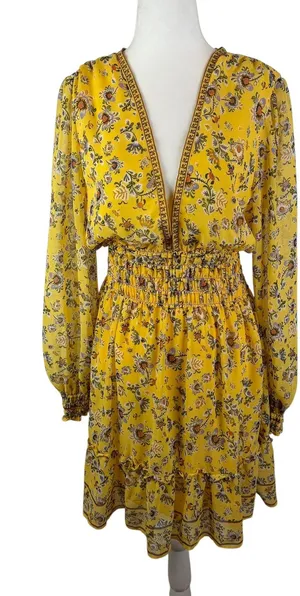 Max Studio Yellow Floral Smocked V-Neck‎ Mini Dress Cottage Boho Feminine Spring thumbnail 1