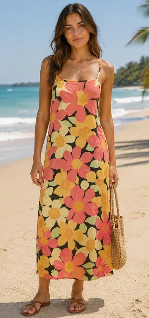 Billabong Floral Tropical Slip Maxi Dress Side Slit 100% Viscose Women's Small P thumbnail 1