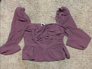 Astr Purple Pink Puff Sleeve Ruched Peplum Blouse thumbnail 1
